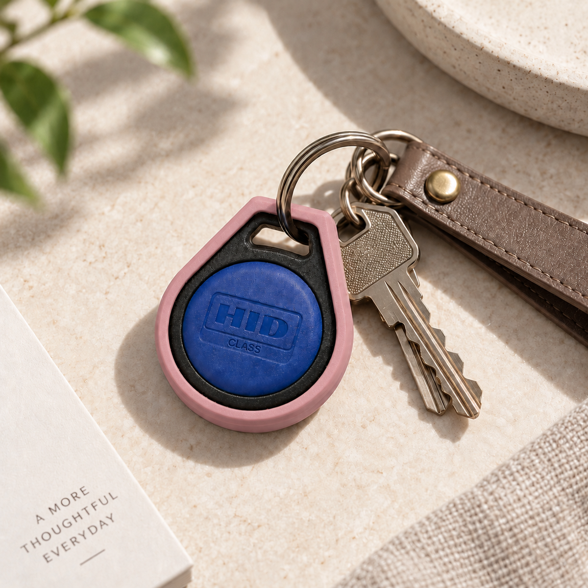 Keytuck key fob cover in Dusty Rose on a keyring
